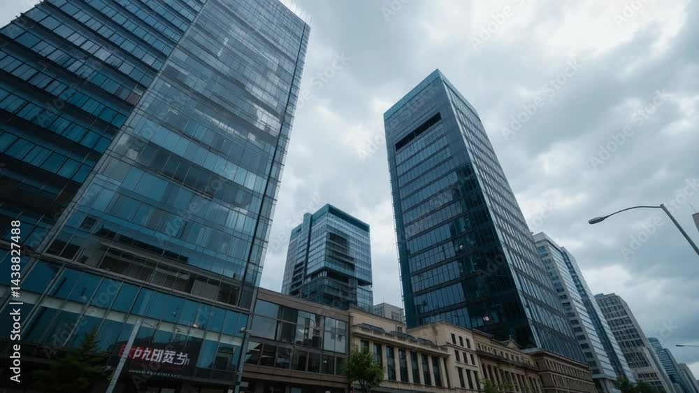 Modern Cityscape with Glass Skyscrapers Against Overcast Sky, Urban Architectural Marvel Modern Cityscape with Glass Skyscrapers Against Overcast Sky, Urban Architectural Marvel
