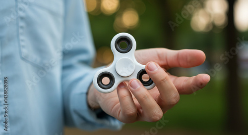 A person holding a white fidget spinner in their hand with a blurred green background in the outdoor setting