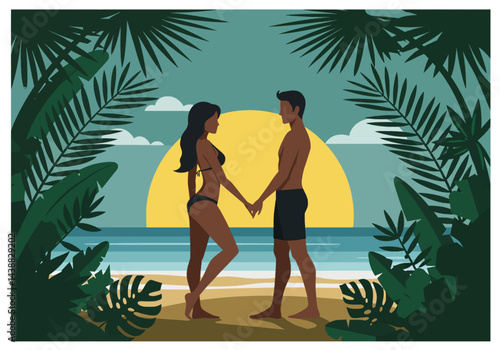 Romantic couple holding hands on a tropical beach during their summer holiday vacation at sunset. Flat illustration style with warm, inviting colors