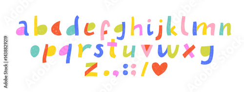 Colorful childish bold font with crayon or pencil texture. Handwritting funky font, scribbled comic alphabet. Cute playful doodle font for school, kindergarten, home decoration and kid's design.