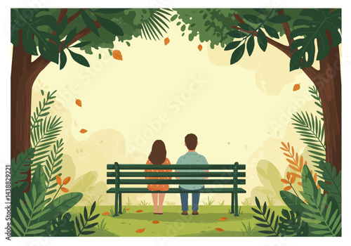 Sweet romantic couple sitting together on a bench in a park. Flat illustration style depicting a tender moment in a natural setting
