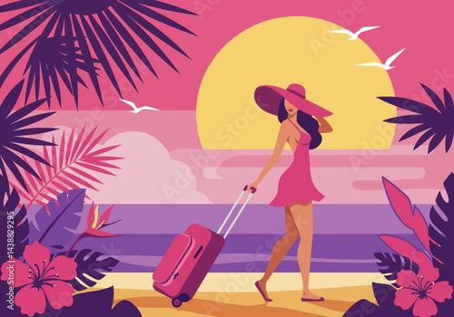 Elegant woman with a suitcase arriving for her summer holiday vacation at a tropical beach. Flat illustration style with a warm, inviting color palette
