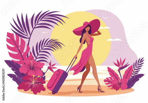 Elegant woman with a suitcase arriving for her summer holiday vacation at a tropical beach. Flat illustration style with a warm, inviting color palette