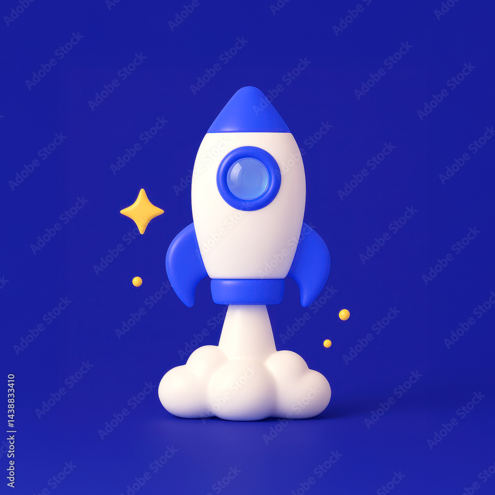 3D illustration of blue and white rocket launching with clouds and stars on blue background. Space exploration, startup, innovation, future technology concept 3D illustration of blue and white rocket launching with clouds and stars on blue background. Space exploration, startup, innovation, future technology concept