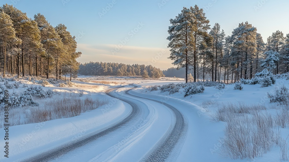 Obraz premium Snowy road curves through winter forest at sunrise, ideal for travel or winter scene