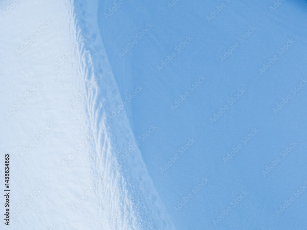 Snow texture. Wind sculpted patterns on snow surface. Wind in the tundra and in the mountains on the surface of the snow sculpts patterns and ridges (sastrugi). Arctic, Polar region. Winter background