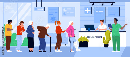 Hospital reception room with patients waiting in queue to doctor, clinic hall interior with sick people. Old and young characters with crutches and injury, bad back, cough cartoon vector illustration
