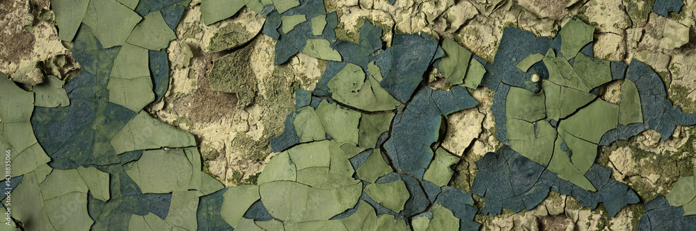 Peeling paint on the wall. Panorama of a concrete wall with old cracked flaking paint. Weathered rough painted surface with patterns of cracks and peeling. Wide panoramic texture for grunge background
