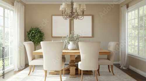Wallpaper Mural Earth tone inspired dining room with sandy colored chairs, wooden table, and neutral wall art Torontodigital.ca