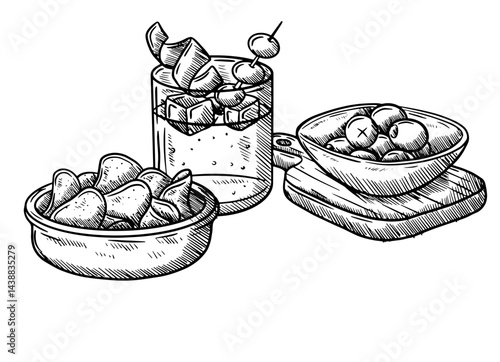 Hand draw vector illustration of Vermouth with olives and potatoes chips, typical spanish tapa