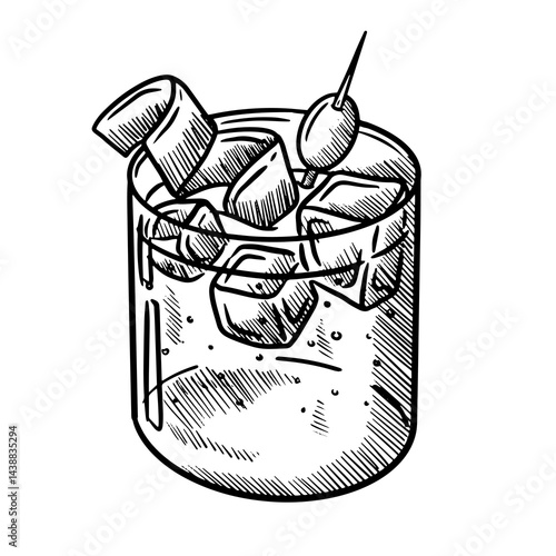 Hand draw vector illustration of Vermouth in glass with olive and ice, typical spanish drink