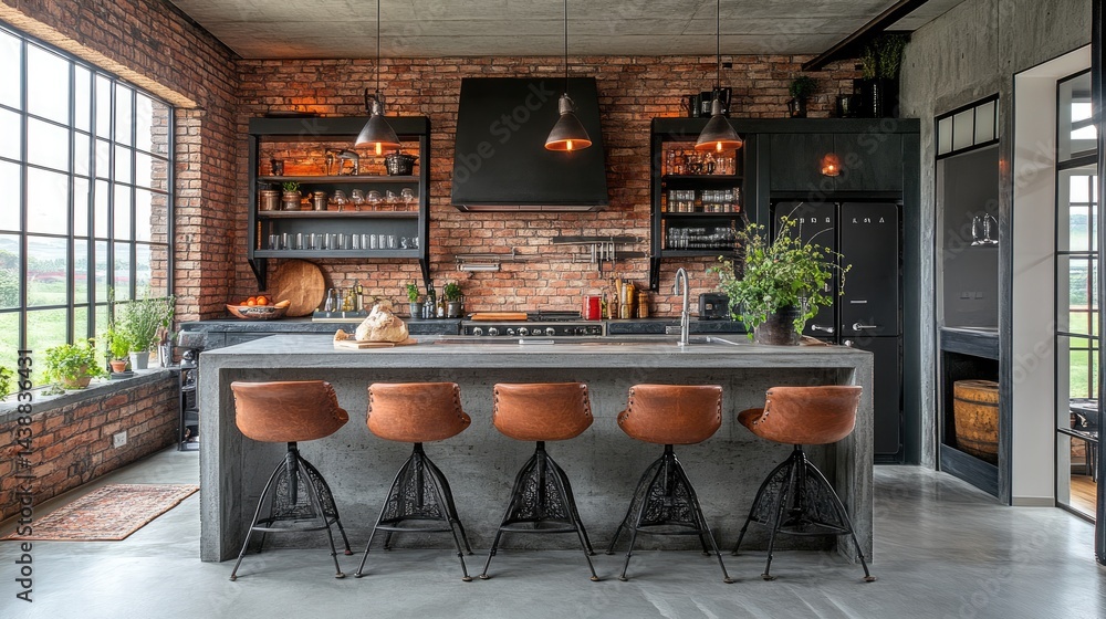 Open loft kitchen with brick backsplash, concrete island, and rustic pendant lights Open loft kitchen with brick backsplash, concrete island, and rustic pendant lights