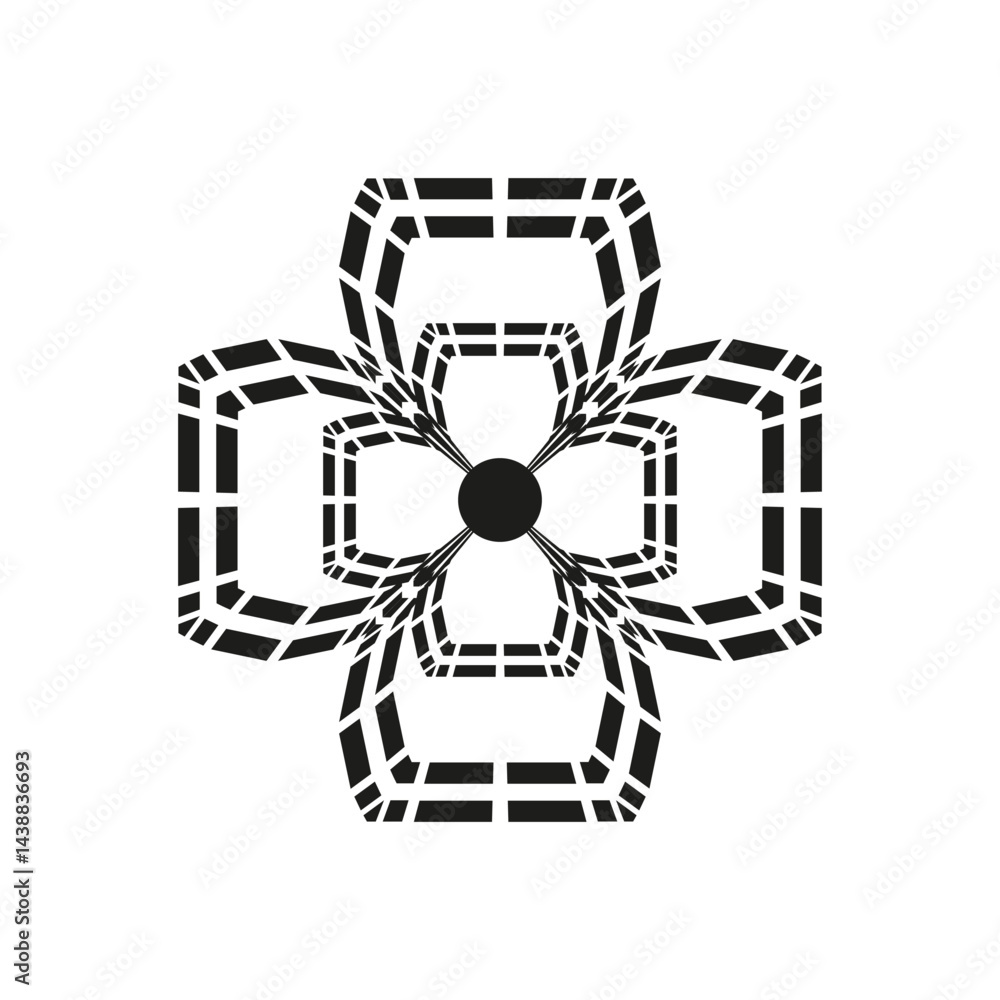 Geometric flower shape. Abstract petal symbol. Square loop vector. Central dot element.