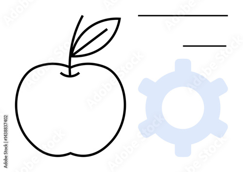 Apple outline with a leaf paired with a gear icon and two horizontal lines suggesting mechanisms of growth, productivity, and technology. Ideal for education, health, innovation, mechanics