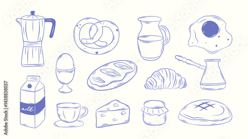 Hand-drawn breakfast line illustration. Monochrome ink. Minimalist doodle icons for breakfast, lunch, and dinner. Vector