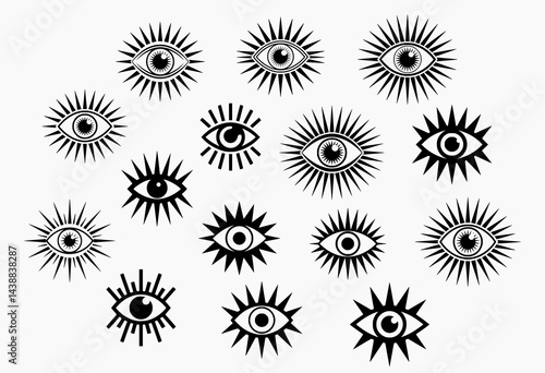 Mystical all-seeing eye collection with black and white sunburst patterns perfect for spiritual branding and bohemian fashion design elements