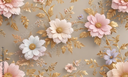 Pastel floral seamless wallpaper, gold accents,  sophisticated,  background