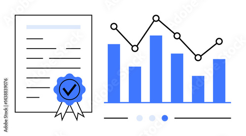 Document featuring badge, approval checkmark, bar chart, and analytics line connecting data points. Ideal for certification, analytics, data management, research, education auditing and a simple