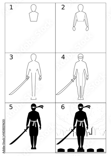 How to draw a ninja. Step-by-step illustration for children. Drawing a warrior, a human figure, a set of elements for a training course. Coloring book, cute character, comic book page.
