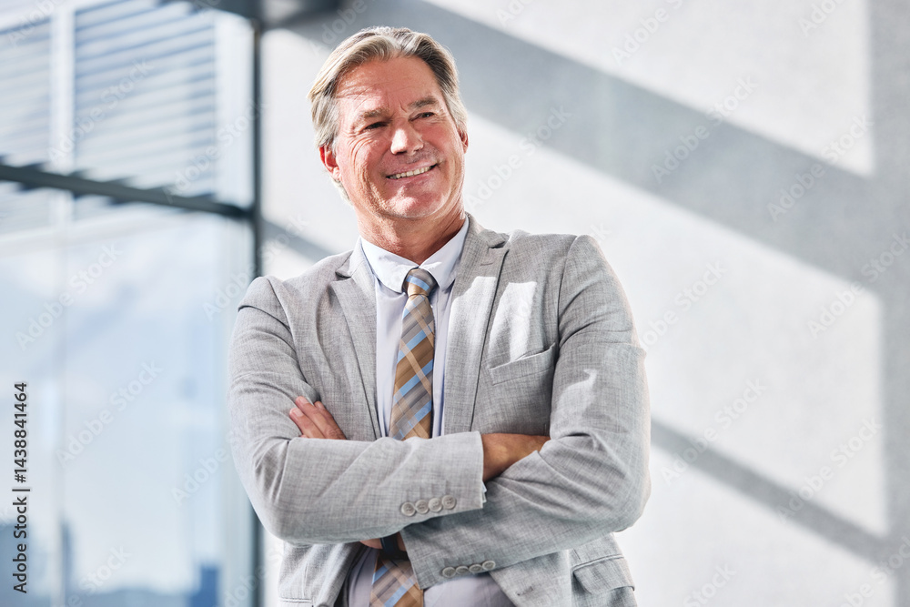 Arms crossed, smile and thinking with business man in office for corporate management or planning. Future, idea and vision with happy mature CEO in professional workplace for executive career Arms crossed, smile and thinking with business man in office for corporate management or planning. Future, idea and vision with happy mature CEO in professional workplace for executive career
