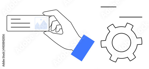 Hand holding a card with text and image layout, accompanied by gear symbol. Ideal for networking, business setup, technology, process management, organization, creativity, simple landing page