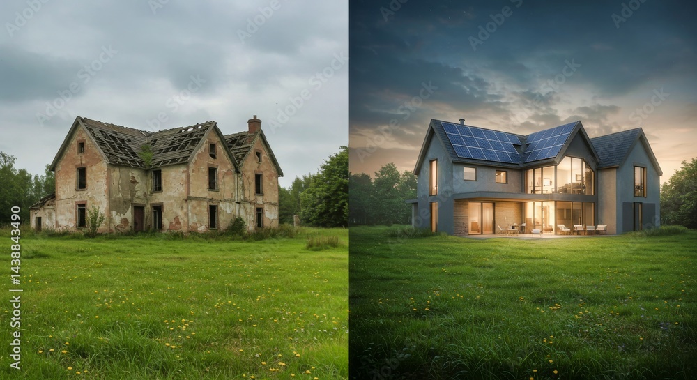 Obraz premium Transformación de una casa antigua en ruinas a vivienda moderna con energía solar