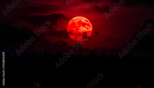 Dramatic blood moon rising over a dark, misty forest, casting an eerie red glow on the treetops