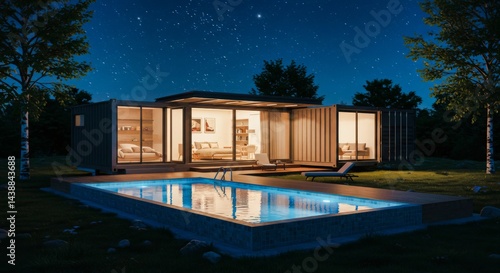 Wallpaper Mural Casa contenedor moderna con piscina iluminada de noche Torontodigital.ca