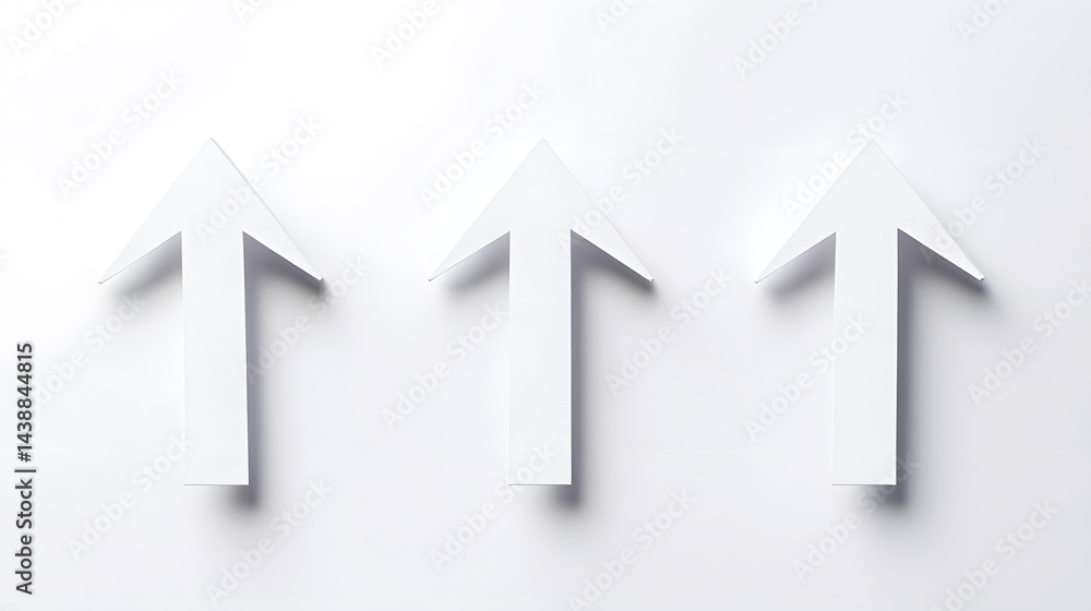 Three identical white upward arrows arranged in a row against a minimalist white background. Simple, clean design representing growth, progress, and success. Three identical white upward arrows arranged in a row against a minimalist white background. Simple, clean design representing growth, progress, and success.