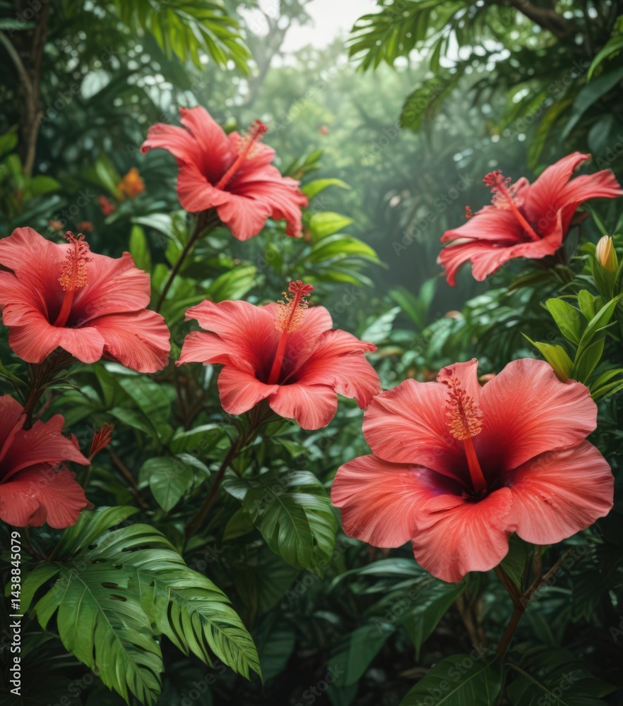 Obraz premium Vibrant hibiscus blooms amidst lush tropical foliage , photography, nature, image