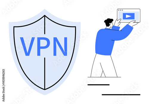 Shield labeled VPN representing security. A man in blue holding a tablet with a play button. Ideal for cybersecurity, data protection, VPN usage, online streaming, technology, privacy awareness