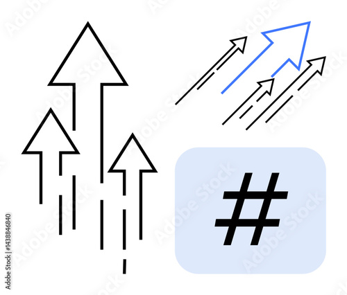 Upward-pointing arrows and a bold metadata tag convey progress, growth, and trending topics. Ideal for success, marketing, trend analysis, innovation, leadership, goal setting simple landing page
