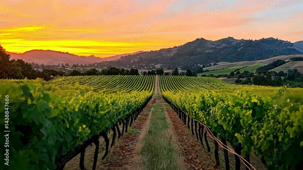 Breathtaking sunrise over lush vineyard rows amidst serene mountain landscape Breathtaking sunrise over lush vineyard rows amidst serene mountain landscape