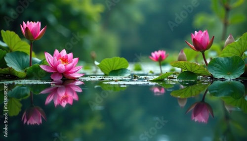 Intricate floral design of various water plants reflected in still lake water , image, texture