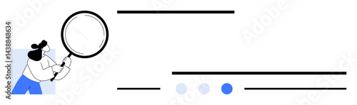 Woman holding magnifying glass examining lines and dots symbolizing data. Ideal for research, analysis, insight, strategy, exploration, investigation, simple landing page
