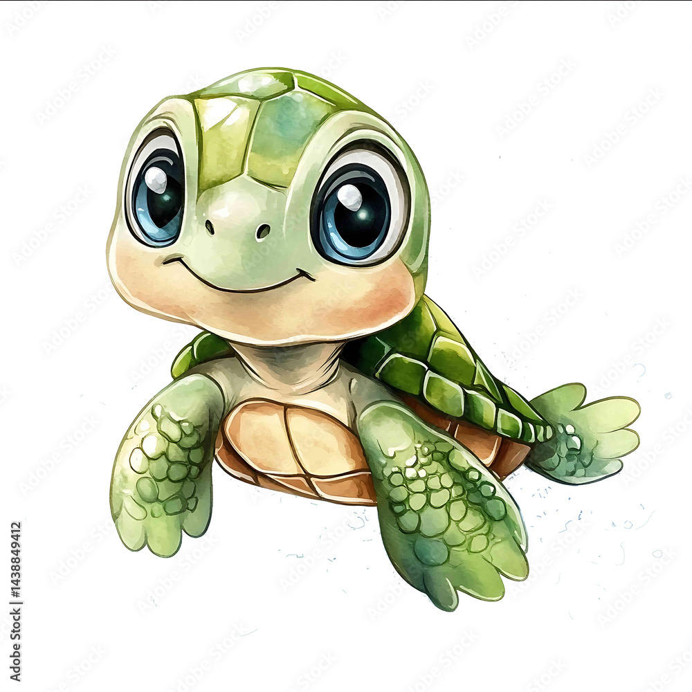 Fototapeta premium Watercolor cartoon drawn carelessly hand drawn cartoon baby turtle with cute beautiful eyes isolated on white background in detailed clip art style simple watercolor illustration wit
