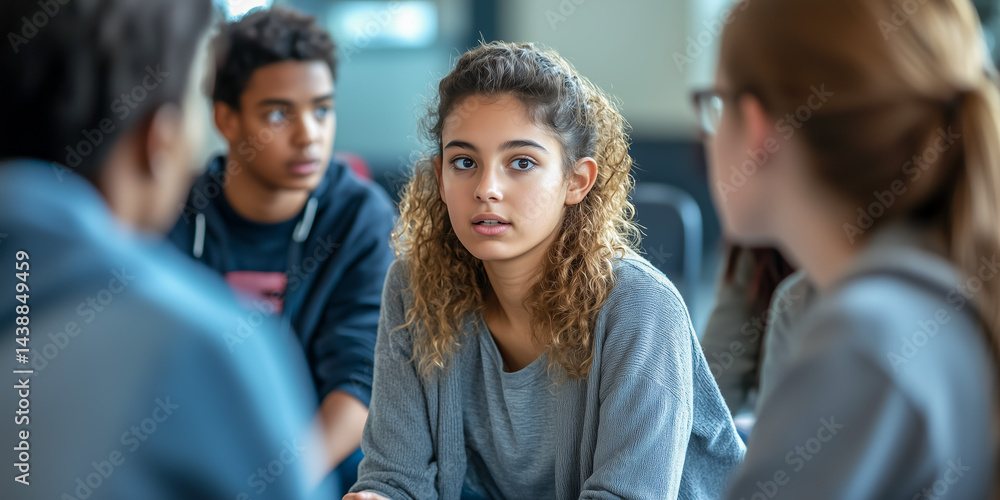 Group of teenagers engaged in a serious conversation indoors Group of teenagers engaged in a serious conversation indoors
