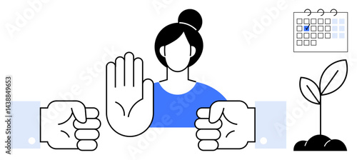 Woman raising hand to stop two opposing fists, alongside a calendar and plant symbolizing growth and planning. Ideal for conflict resolution, negotiation, teamwork, peace, planning, growth