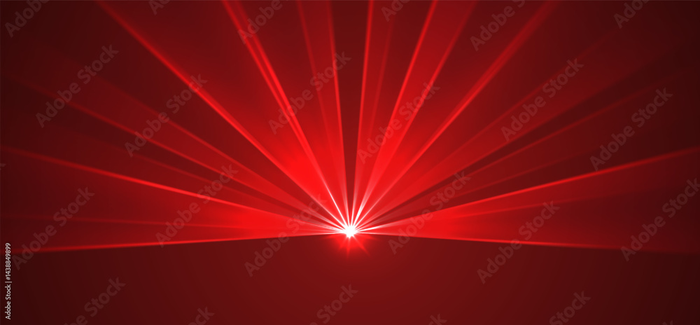 Red lasers background., glowing rays or neon beams, bright futuristic backdrop. Concert or nightclub spotlights. Vector illustration.