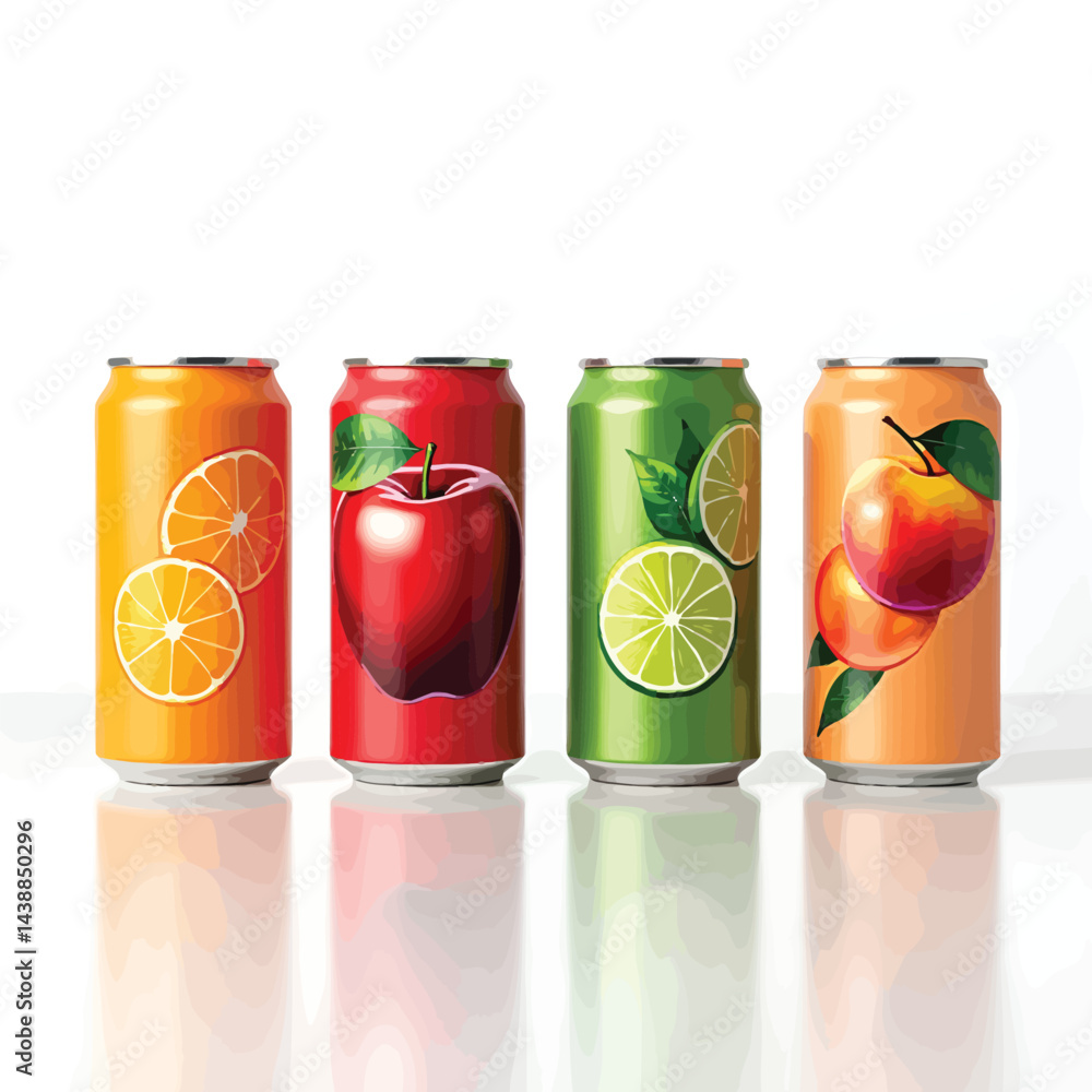 Fototapeta premium Fruit juice cans collection refreshing drinks orange apple lime peach beverage product advertising mockup design