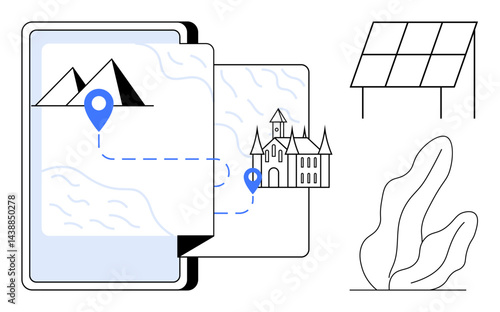 Tablet screen displaying digital map with location marker connecting mountains and a castle. Includes solar panels and plant illustration. Ideal for travel, navigation, energy, environment