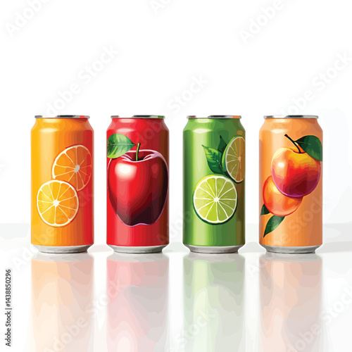 Four aluminum cans display vibrant fruit imagery orange slices, a red apple, lime wedges, and peaches. They stand in a row on a reflective surface against a white background.