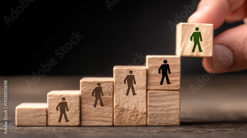 Ascension Cubes: A human figure ascends the steps toward success, metaphorically visualized through rising blocks and symbolizes individual growth.