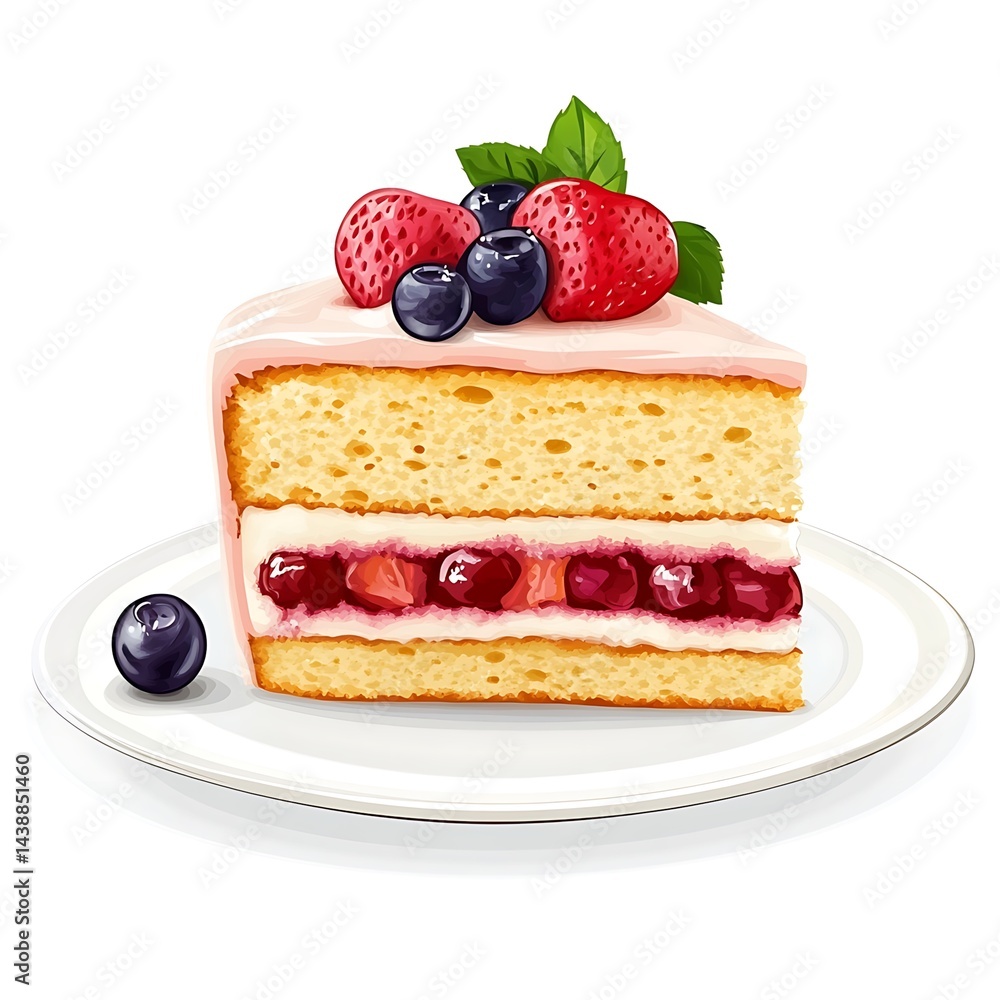 Slice of delicious cake with pink icing, blueberries and strawberries resting on white plate Slice of delicious cake with pink icing, blueberries and strawberries resting on white plate