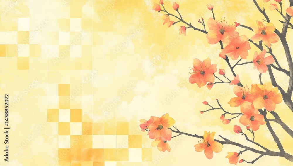 Delicate peach blossoms against a soft, textured, yellow background Delicate peach blossoms against a soft, textured, yellow background