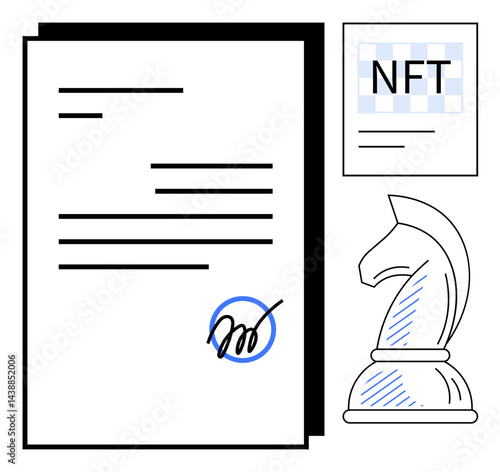 Contract paper with signature, NFT document, and chess knight piece. Ideal for legal agreements, NFTs, blockchain, strategy, ownership intellectual property investment. Flat simple metaphor