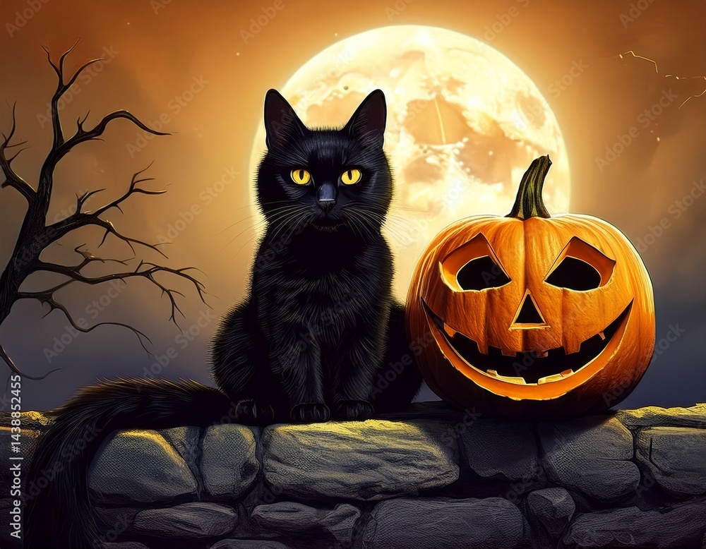 Schwarze Katze und Kürbis auf einer Mauer