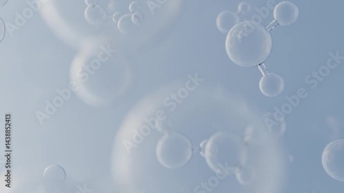 Clear water molecules floating up in front of peaceful blue background. H2O bubble animation for science or environment video. Seamless loop.