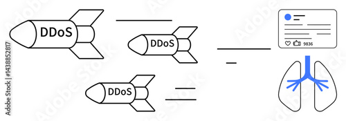 Three DDoS missiles heading toward social media and a lung, symbolizing cybersecurity threats, online disruption, and digital health. Ideal for technology, risk, health, hacking, awareness