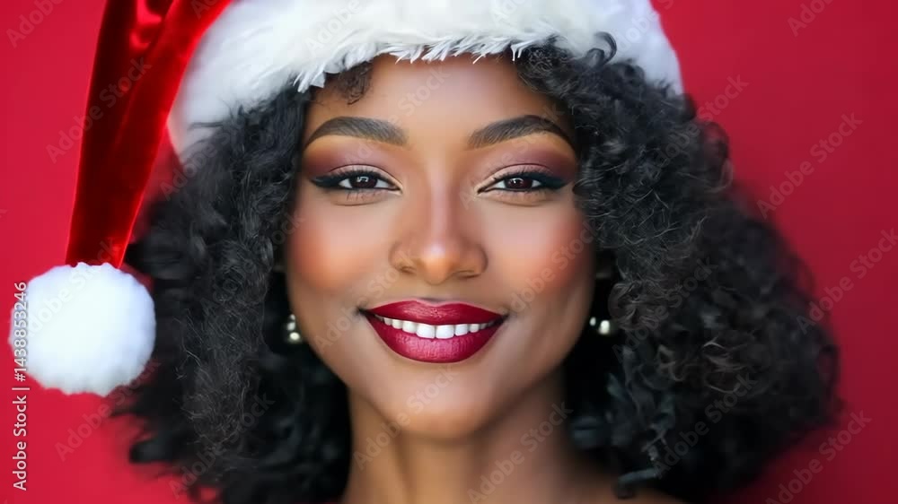 Joyful smiling woman in santa hat embracing holiday spirit on red background Joyful smiling woman in santa hat embracing holiday spirit on red background